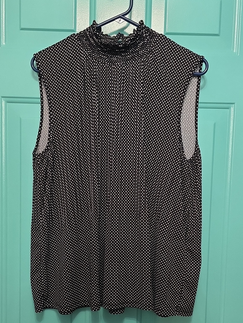 Adrianna Papell Black and White Polka Dot Sleeveless Ruffle Neck Top
